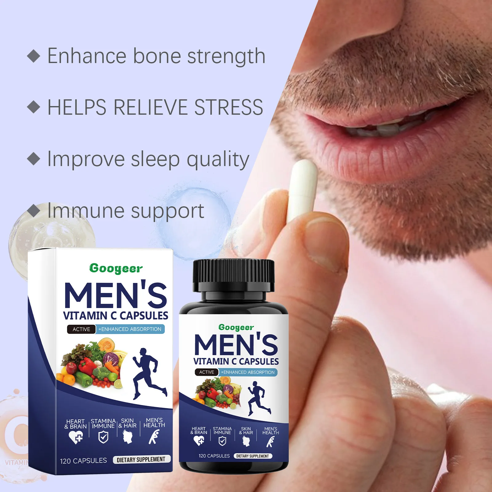 120-600Pills Men Vitamin C Capsules Supplemental Nutrition Immune System Health Skin & Hair Care