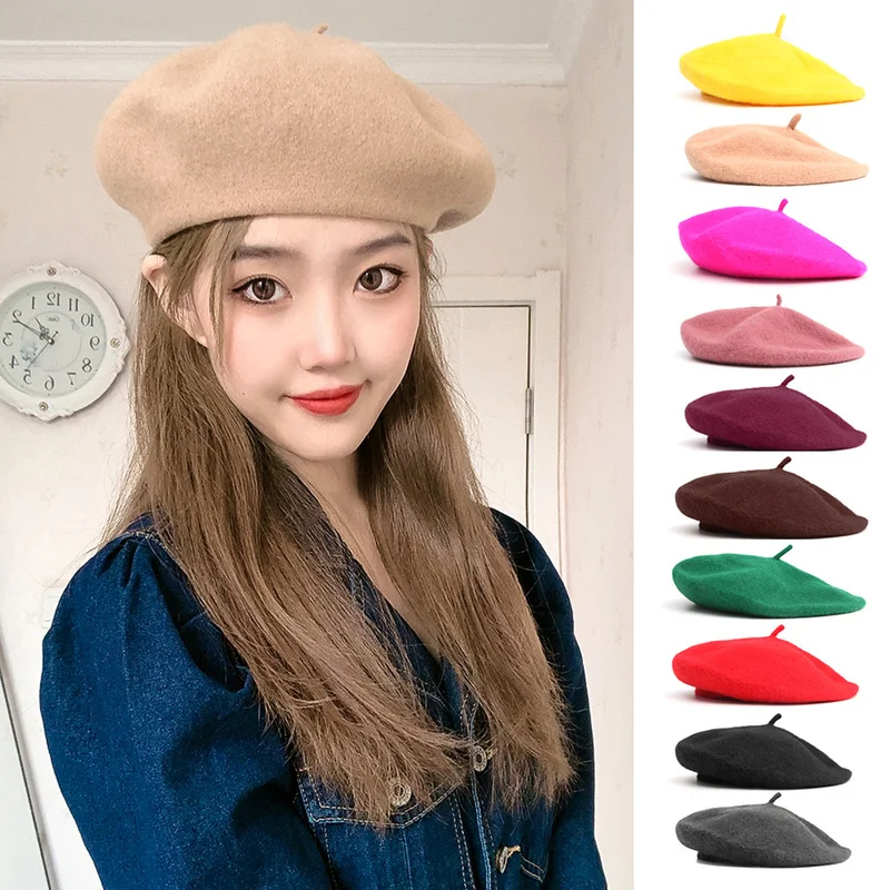 2022 Fashion Women Wool Berets Winter Hats Solid Color Beret Female Bonnet Caps Winter All Matched French Warm Walking Caps