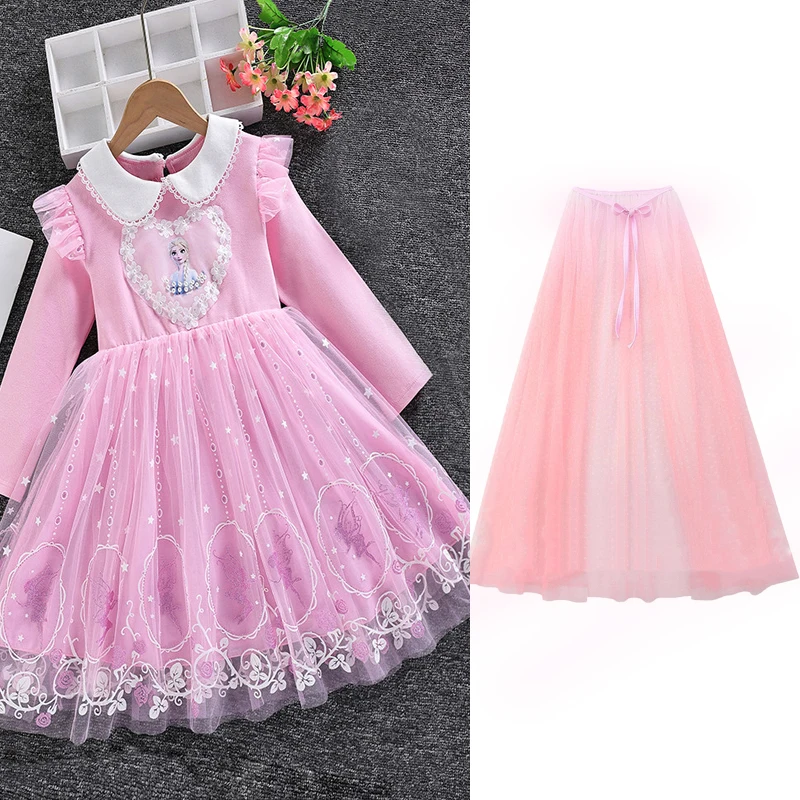 Disney Elsa Princess Dress And Cloak Girl Dress Party Long-sleeved For Children\'s Western Style Frozen Dress Kids Clothes
