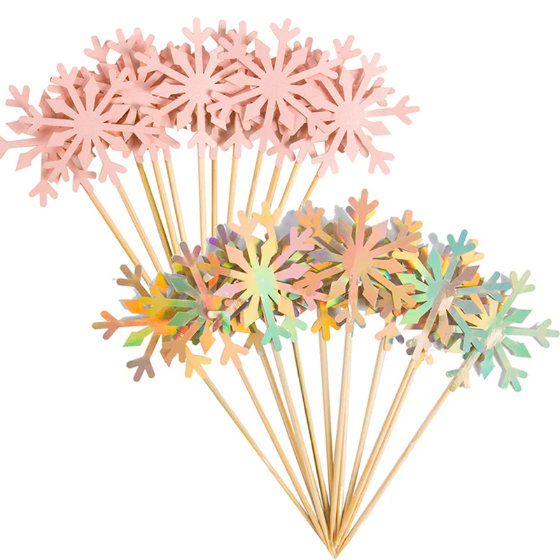 12/24pcs Laser Gold Snowflake Cupcake Toppers Snowflake Bamboo picks Birthday Party Cake Decor Christmas fruit pick