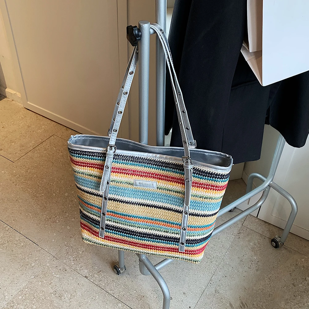 

Женская цветная плетеная дорожная сумка, вместительная простая сумка через плечо, женская летняя повседневная сумка
