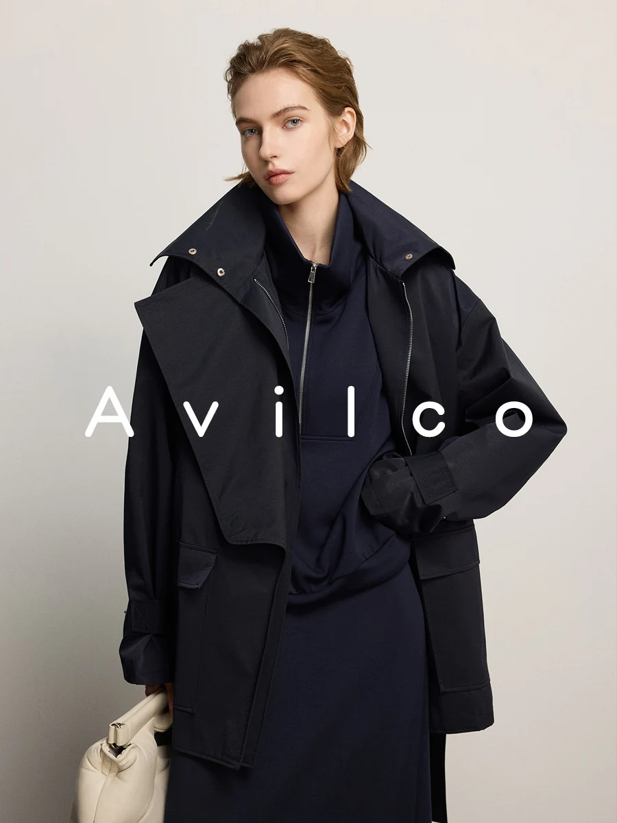 

Spring 2026 Premium Dark Blue Women's Coat Casual Minimalist Design Luxury Long Sleeve Zipper Decorated Belted High Waist Coat