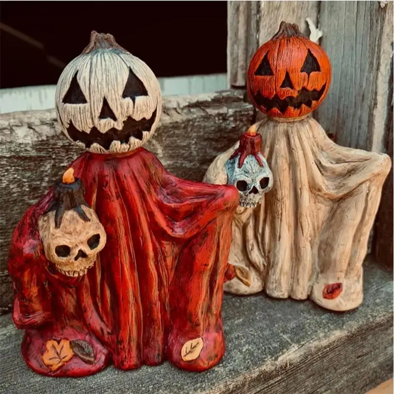 

Halloween Pumpkin Ghost Spooky Pumpkin Ghost Halloween Figurines Resin Statues Holding Skull Halloween Table Decor Horror Craft