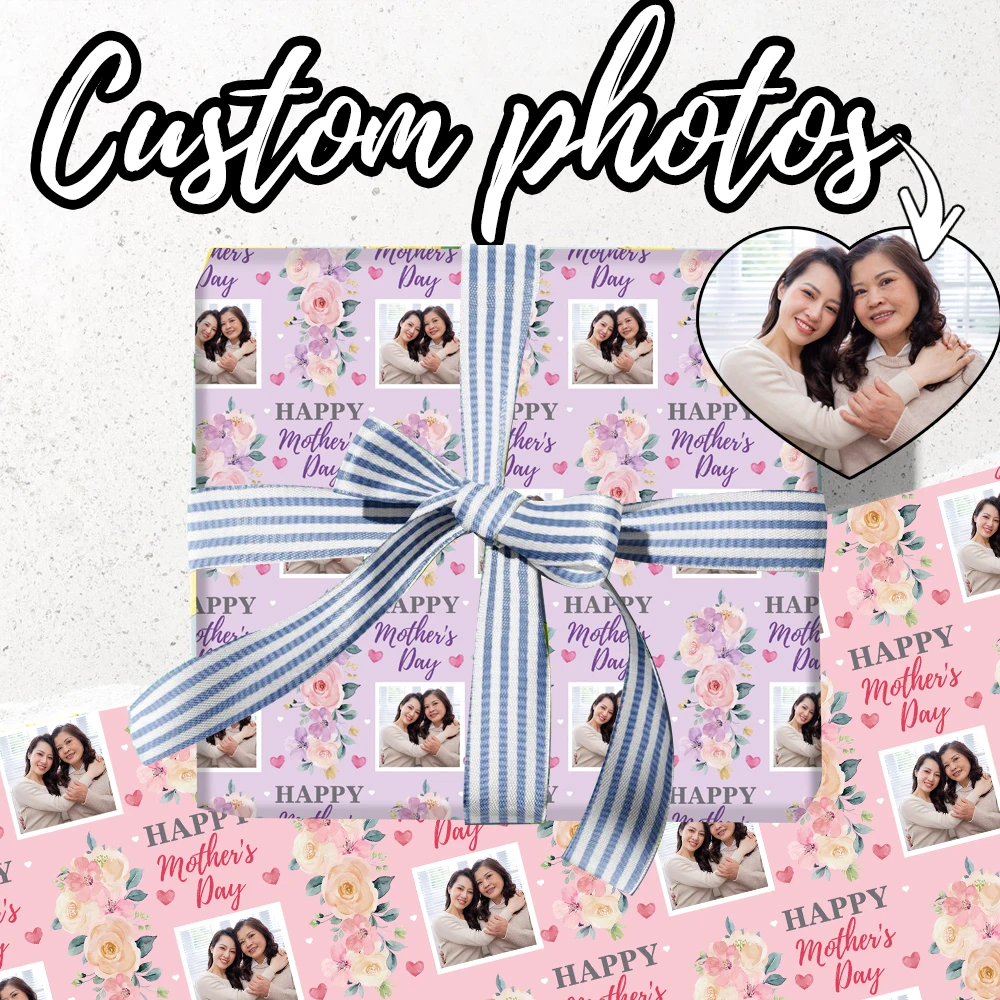3pcs Custom Mother's Day Photo Gift Wrapping Paper Party Gift Wrapping Paper with Face Photo Name for Happy Mother's Day Gifts