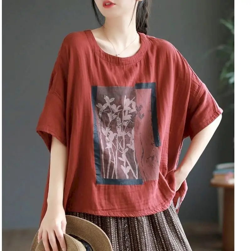 Cotton Linen T Shirt Women Art Vintage Print Loose T-shirt Fashion Casual Short Sleeve Oversized Blouse Summer Trend Thin Tshirt