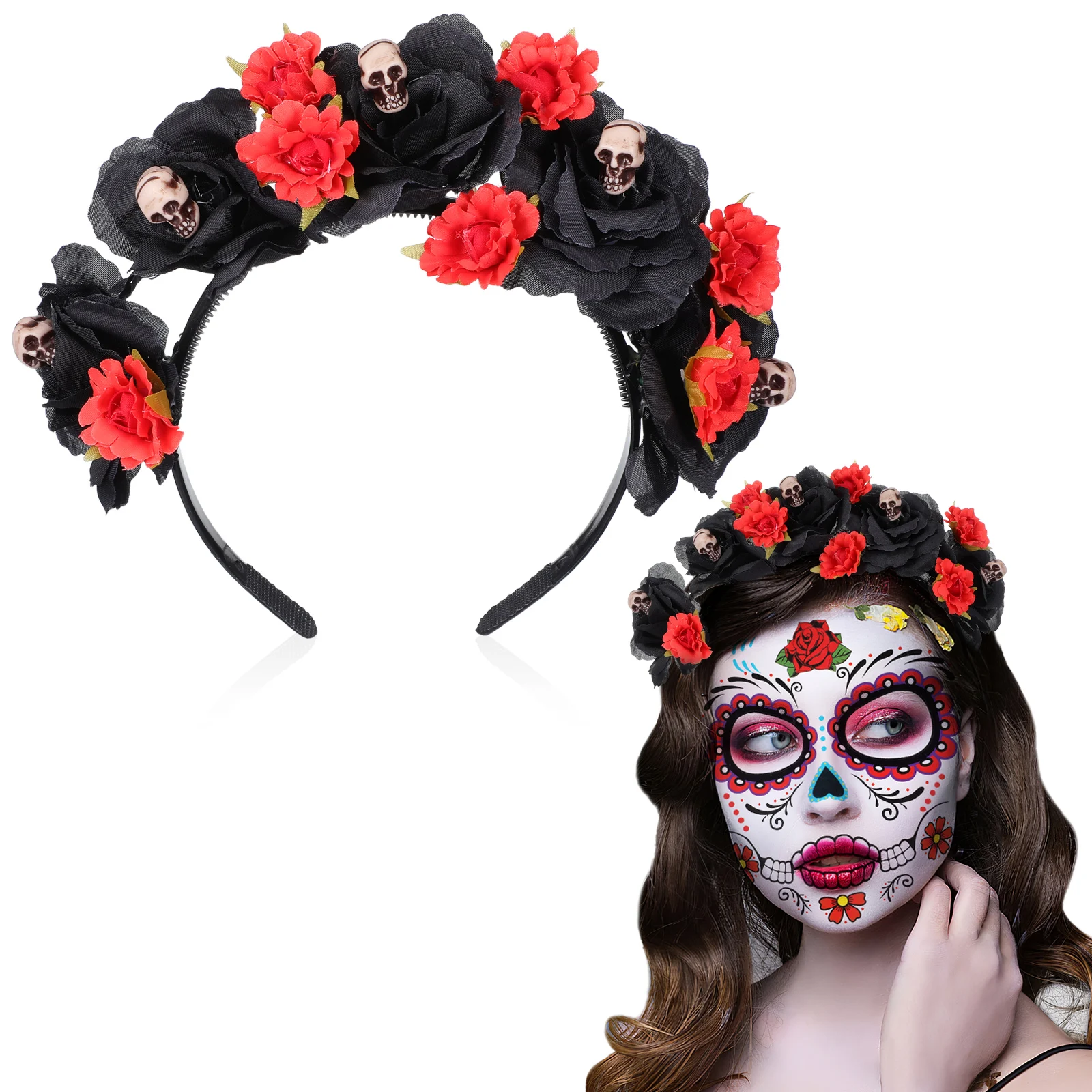 

Halloween Flower Skull Headpiece Women Elegant Headdress for Masquerade Cosplay Halloween Skull Hair Hoop Flower Headdress