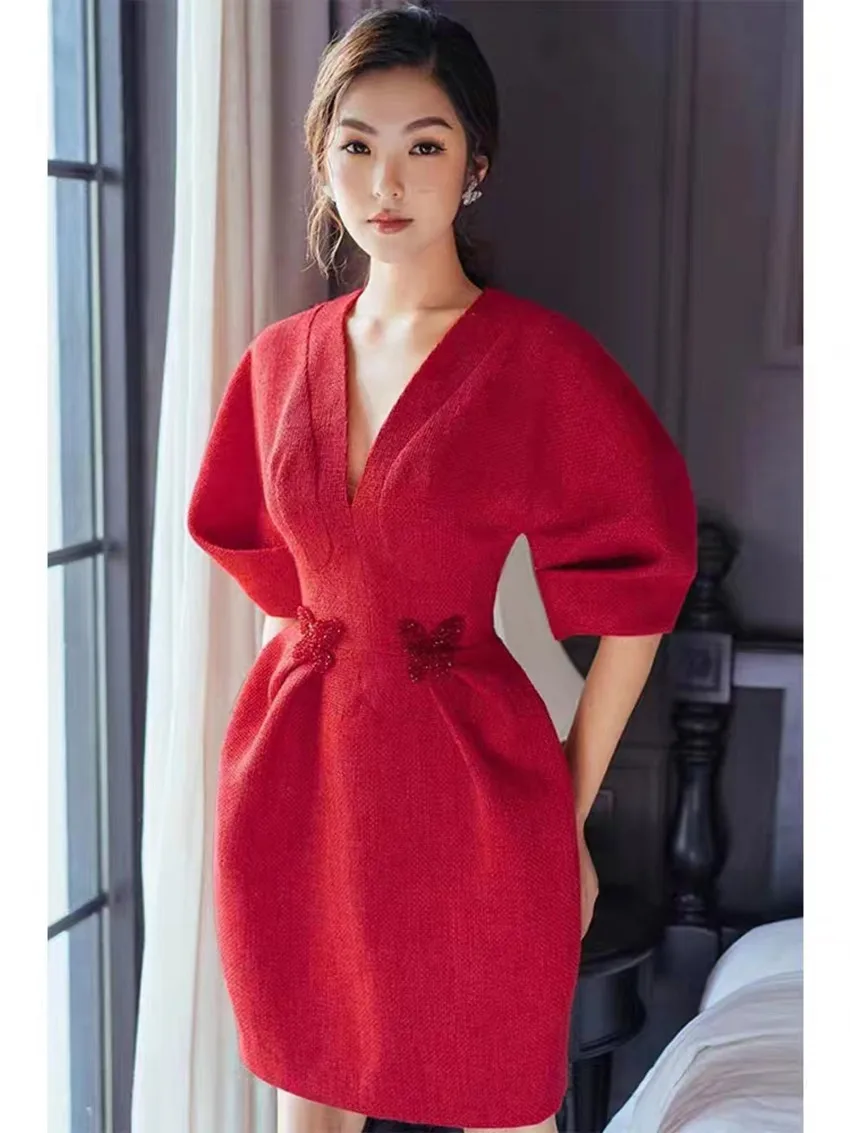 New Autumn Winter Christmas And New Year Party Dress Women V Neck Puff Sleeve Red Tweed Beading Butterfly Pockets Slim Vestidos