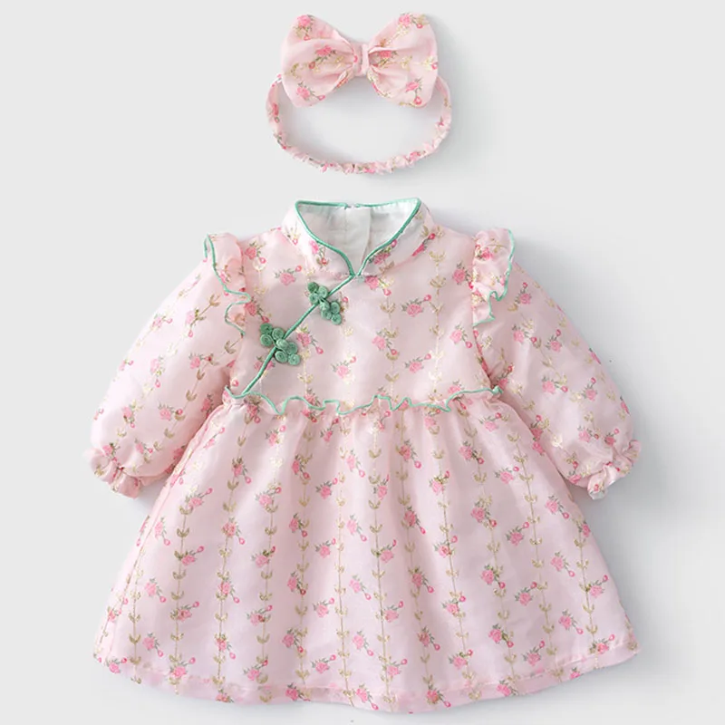 

2Piece Baby Sets Spring Autumn Toddler Dress China Style Cute Pink Long Sleeve Mesh Cotton Flower Girl Dresses Kids Clothes B094