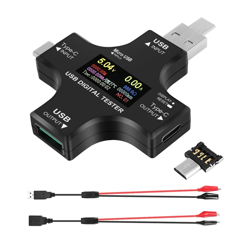 USB C тестер, 2 в 1 USB тестер с цветным экраном IPS цифровой мультиметр, напряжение, ток, мощность, сопротивление, температура, с зажимом