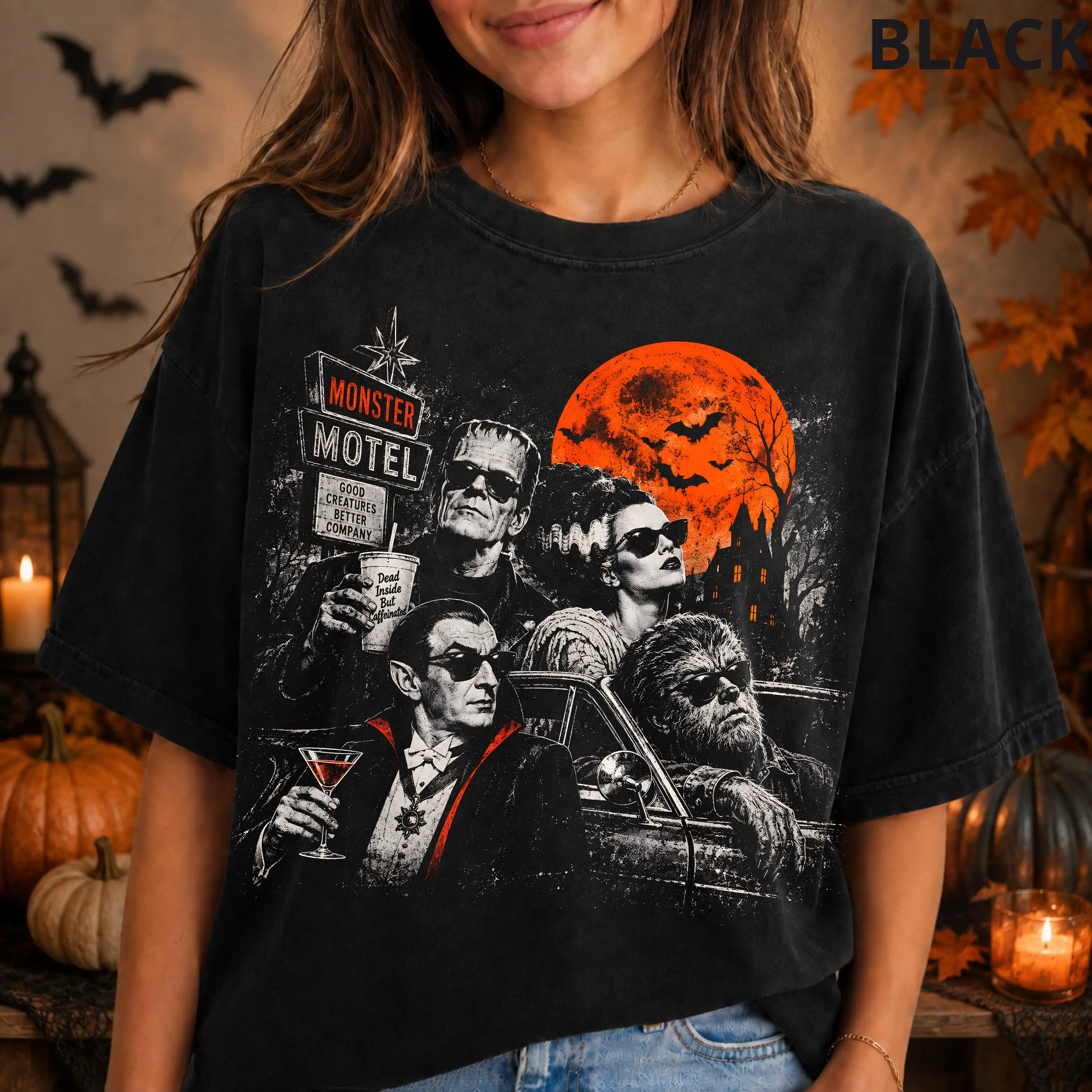 Retro Monster Motel Shirt, Classic Halloween Monster T-shirt, Weird Motel Pattern, Frankenstein, Dracula, Bride, Werewolf Shirt