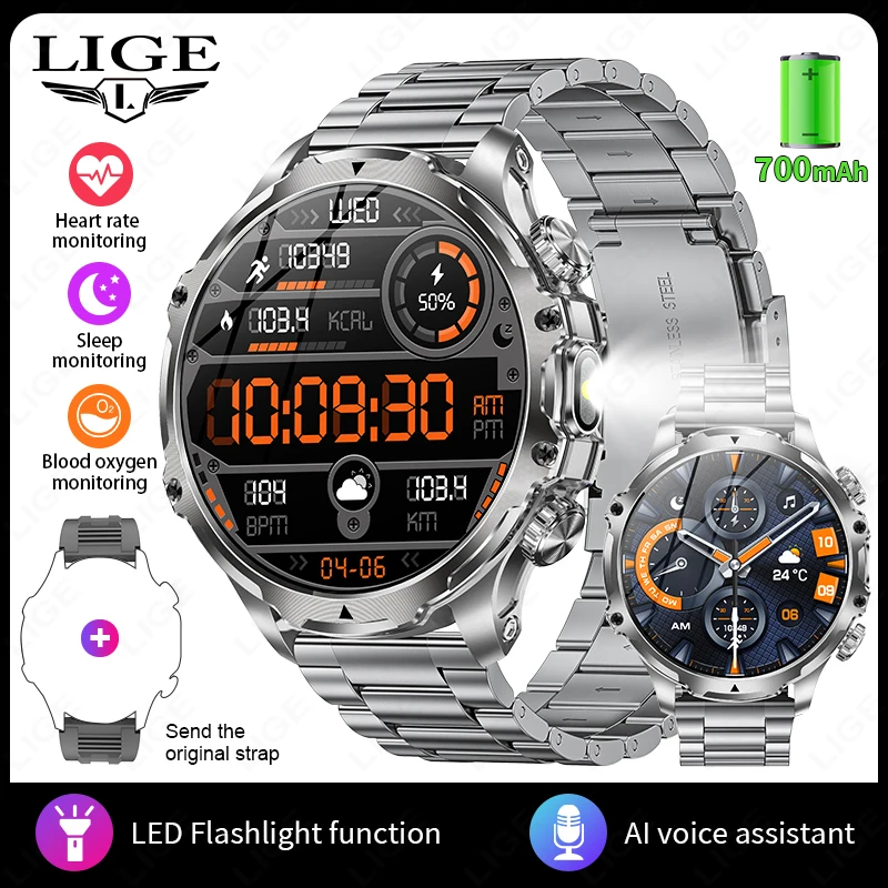 LIGE Smart Uhr Männer Taschenlampe 1,9 zoll 416*416HD Bildschirm Im Freien Sport Fitness Tracker 700mah Große Batterie BT anruf Smartwatch 4