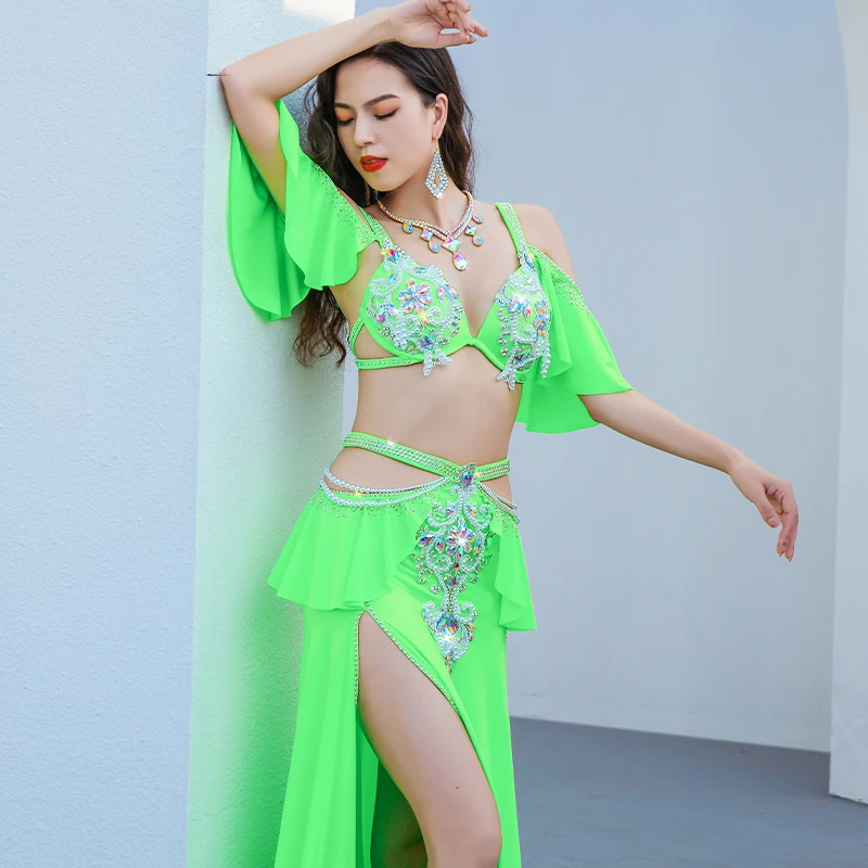 Fato feminino de dança do ventre, saia longa de cetim, traje oriental para performance, sutiã com pedras sênior, roupa para competição