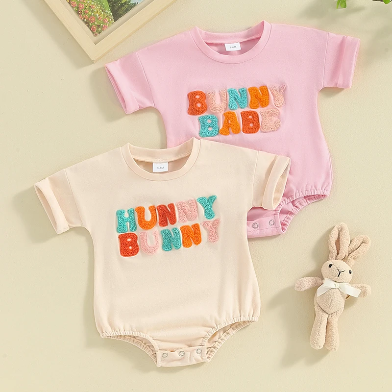 

Newborn Baby Easter Bubble Romper Hunny Bunny Embroidery Short Sleeve Oversized Bodysuit Jumpsuit Summer Clothes