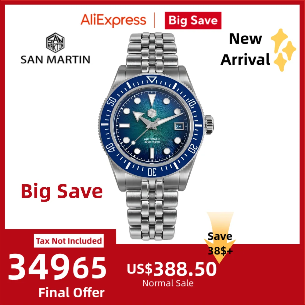 San Martin 40mm 9015 Gradient JianZhan Dial Men Dive Watch 3H Date New 5-Link Bracelet On The Fly Clasp BGW-X1 20Bar SN0148