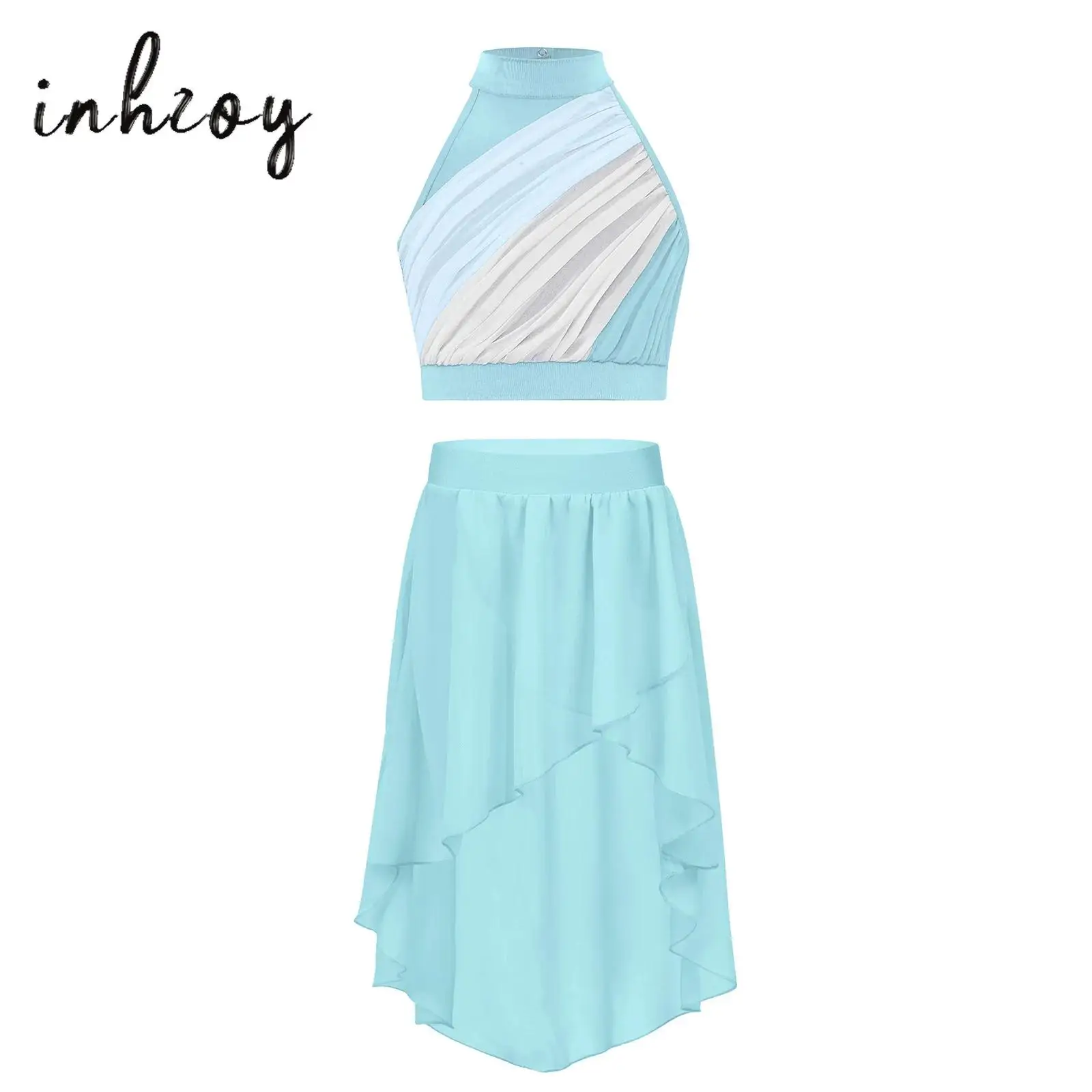 

2Pcs Kids Girls Lyrical Dance Dress Sleeveless Color Block Ruched Front Crop Top+Skirt Set for Ballet Dance Practice Performance