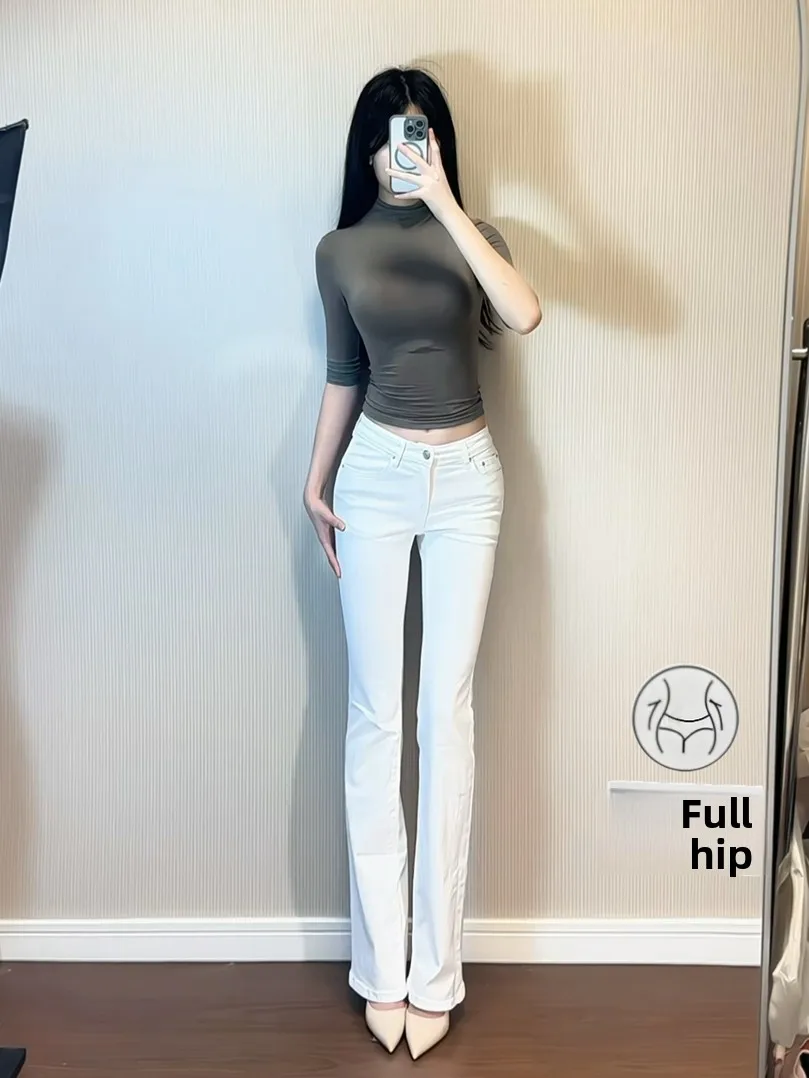 

High Waist Elastic Jeans Women's Basic Fit High Waist Bell Bot Handmade White Denim Pants Korean Sle Autumn Season