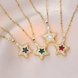 Colorful Zircon Pentagonal Star Pendant Necklaces for Women Girls Stainless Steel Trendy Vintage Star Jewelry Accessories Gifts