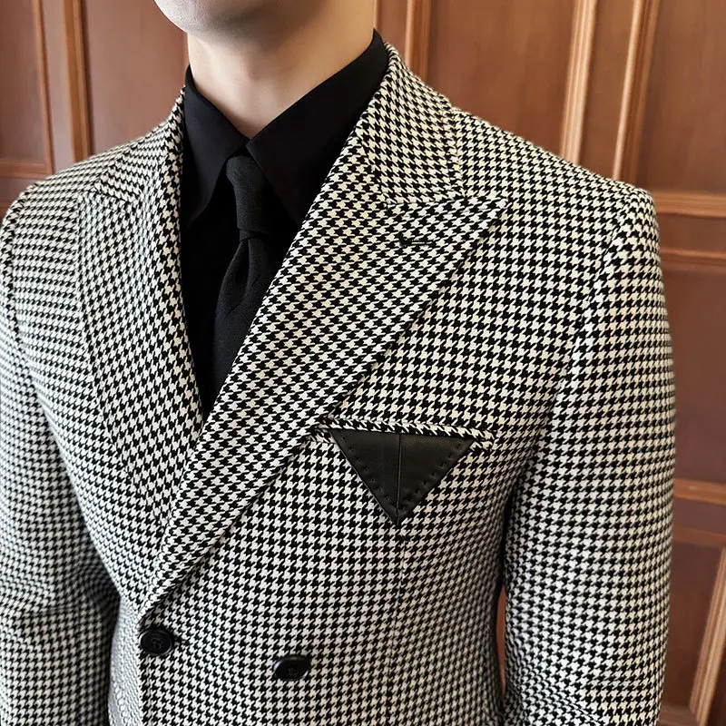 4-A83 ฤดูใบไม้ผลิใหม่ผู้ชาย Double-breasted Houndstooth Boggles เดี่ยวเสื้อสูทกระเป๋าหนังตกแต่งชุด