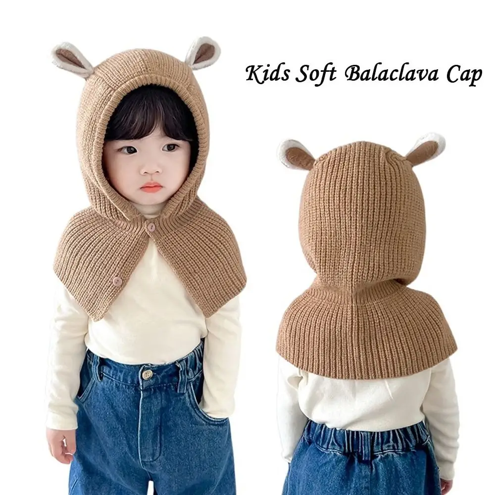 Outdoor Knitted Kids Soft Balaclava Bear Ear Shape Cap Scarf All-in-One Girls Sweater Hat Windproof Beanie Boy Girls