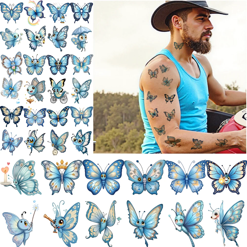 

54pcs Temporary Tattoo Cute Characters Temporary Tattoo Stickers Blue Butterflies Waterproof Long-lasting Body Stickers