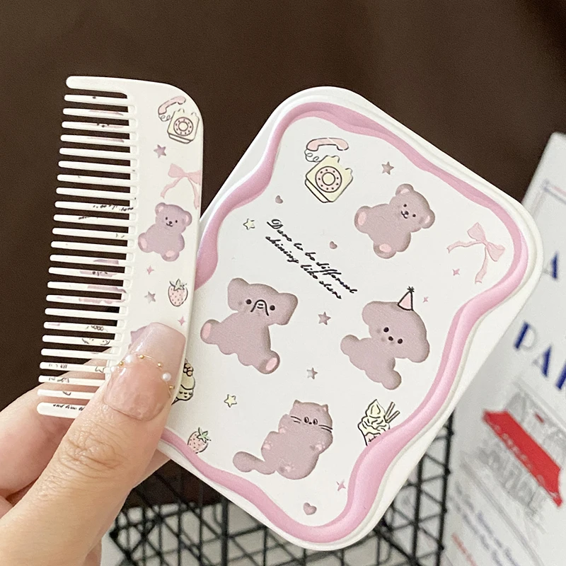 Cartoon Cute Bear Folding Clamshell Mirror Makeup Mirror With Comb Portable Creative For Women Girls Handheld Mirror