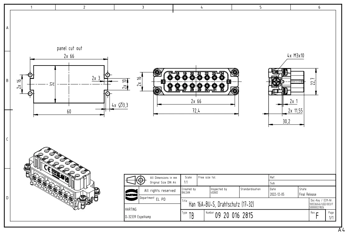 09200162815 HARTING 16A32-pin female bolt connection 0.75...2.5mm²