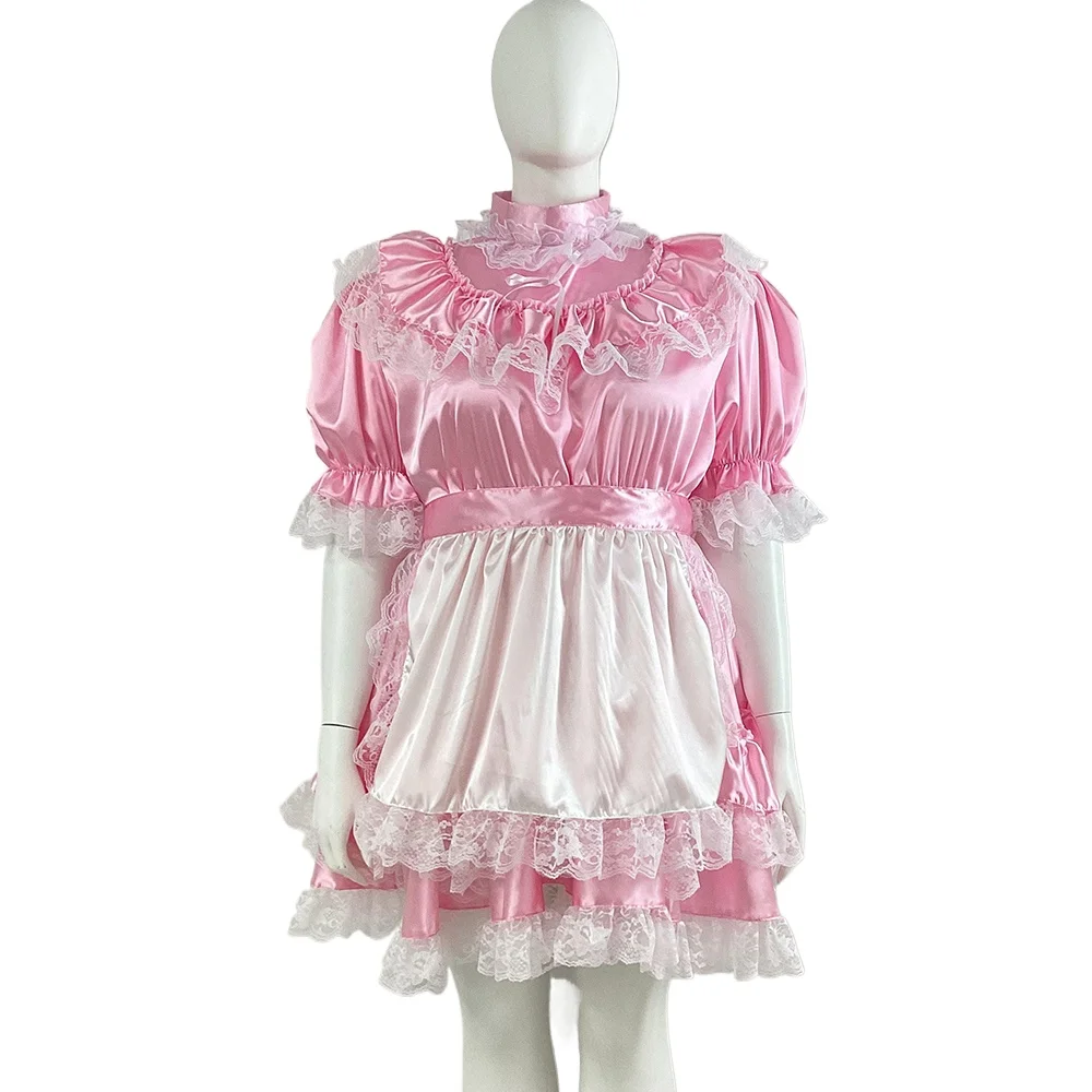 

French Sissy Satin Lace Patchwork Maid Dress with Apron,Sweet Short Sleeved,High Neck, A-line Fluffy Dress,Cosplay Uniforms