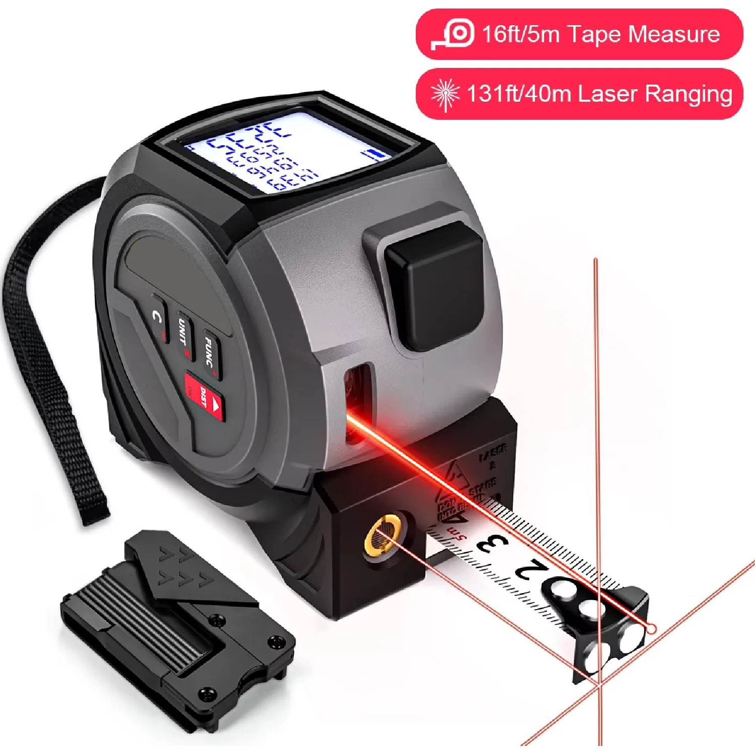 3-In-1 Laser Rangefinder 5m Tape Measure 60M/196Ft / 40M/131Ft Handheld Laser Meter Measuring Tool Cross Line Laser Level BUCKLE