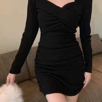 플러스 사이즈 슬리밍 디자인 Sensibility Bodycon 스커트 가을 새 스타일 하이 웨이스트 플리츠 긴 소매 v 넥 O 자형 원피스 드레스 