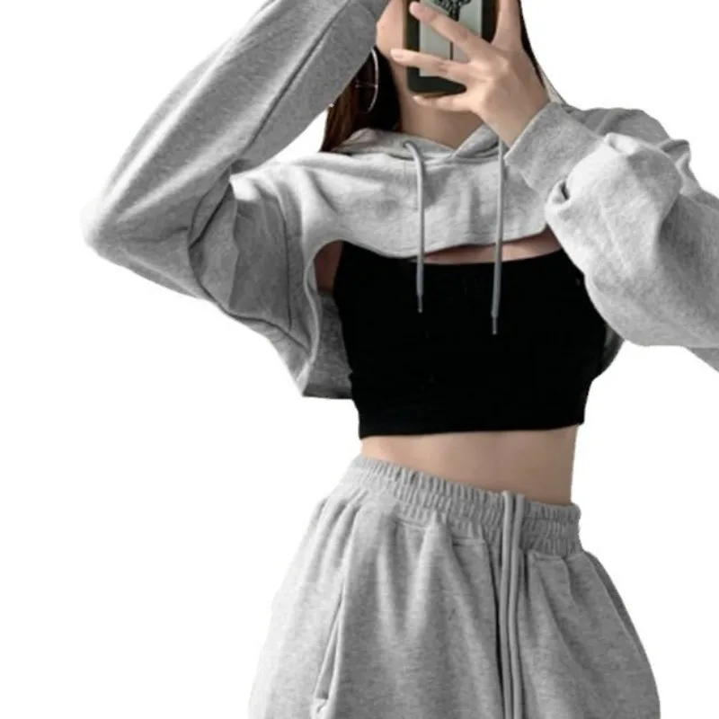 Short Hoodies Streetwear Women Solid Long Sleeve Casual Hoodied Tops Ladies Korean Fashion New Chic Loose Crop Sweatshirts 후드집업