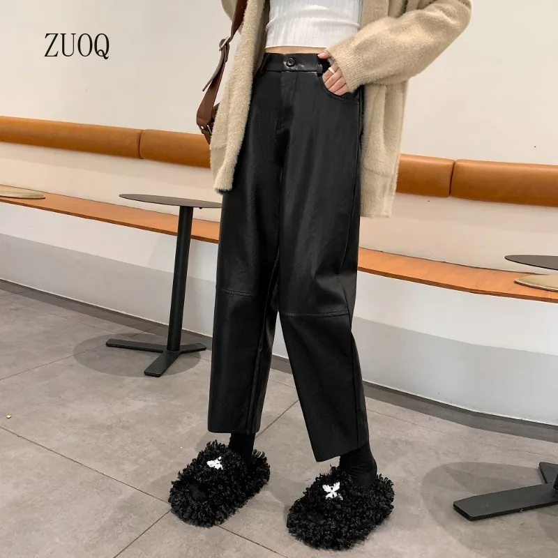Pantaloni in pelle PU Donna 2025 Autunno e inverno Nuovi pantaloni casual a vita alta Pantaloni moda solidi Donna