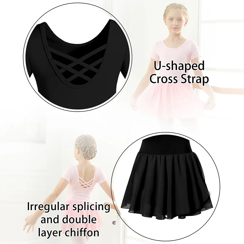 Body da danza classica per ragazza, manica corta, girocollo, per ragazza, ginnastica, gonne da ballo con cinghie incrociate sul retro