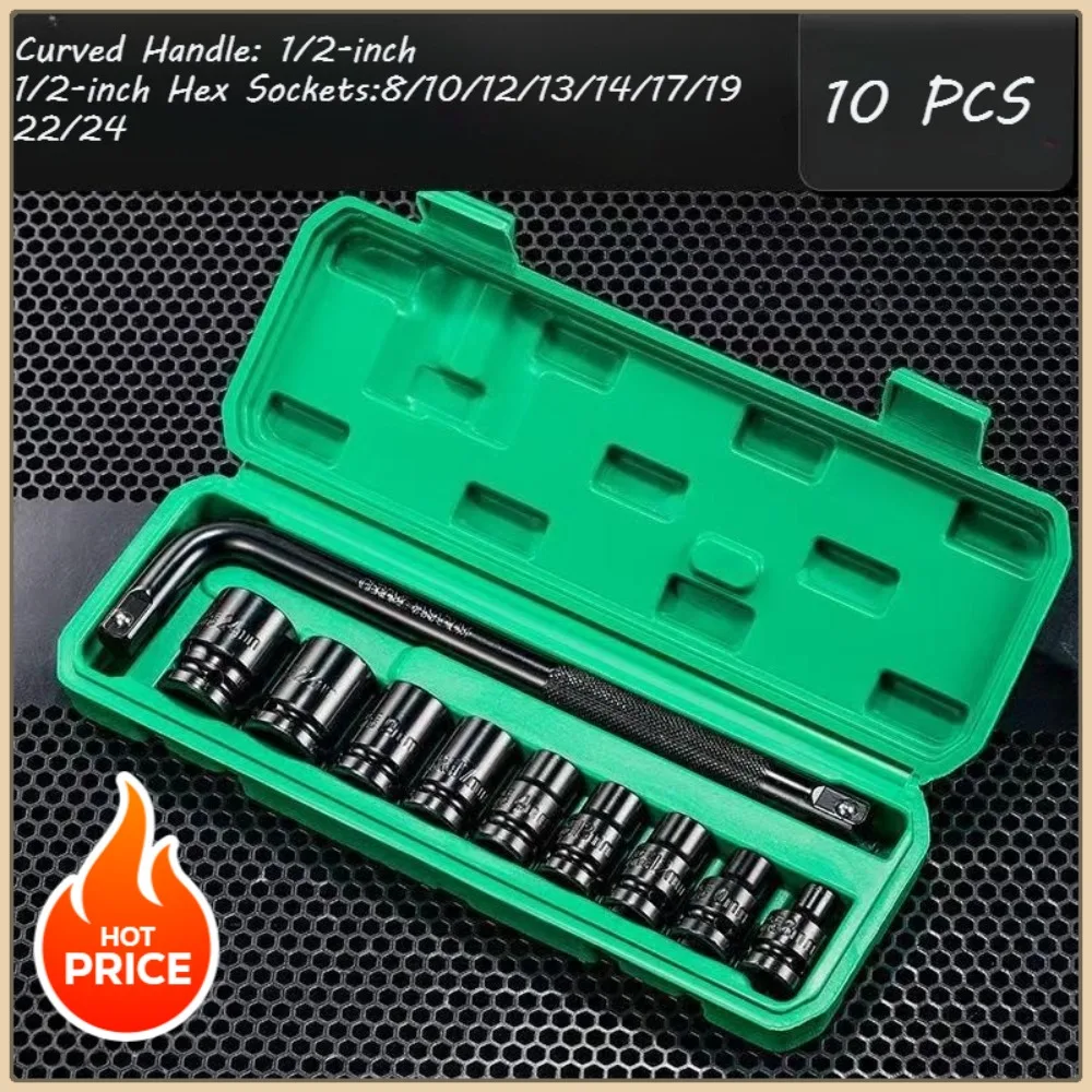 

Набор трещоточных ключей из 10 предметов, 1/2 дюйма, с шестигранными головками, длинной изогнутой рукояткой, набор механических инструментов