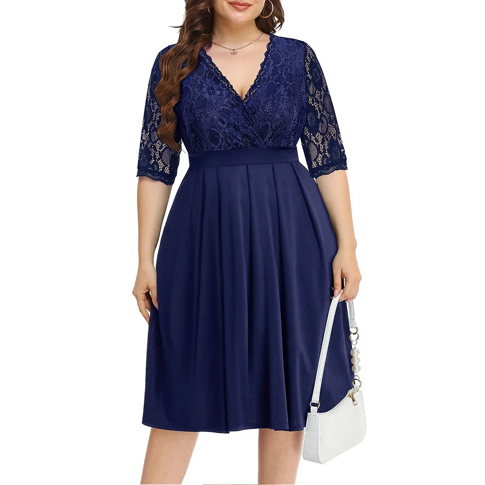 Plus Size PYL Women V Neck Lace Floral Printed Ruffled Midi Dresses Ladies Summer Slim Fit Party Gown Sundress Cocktail 2024 HOT