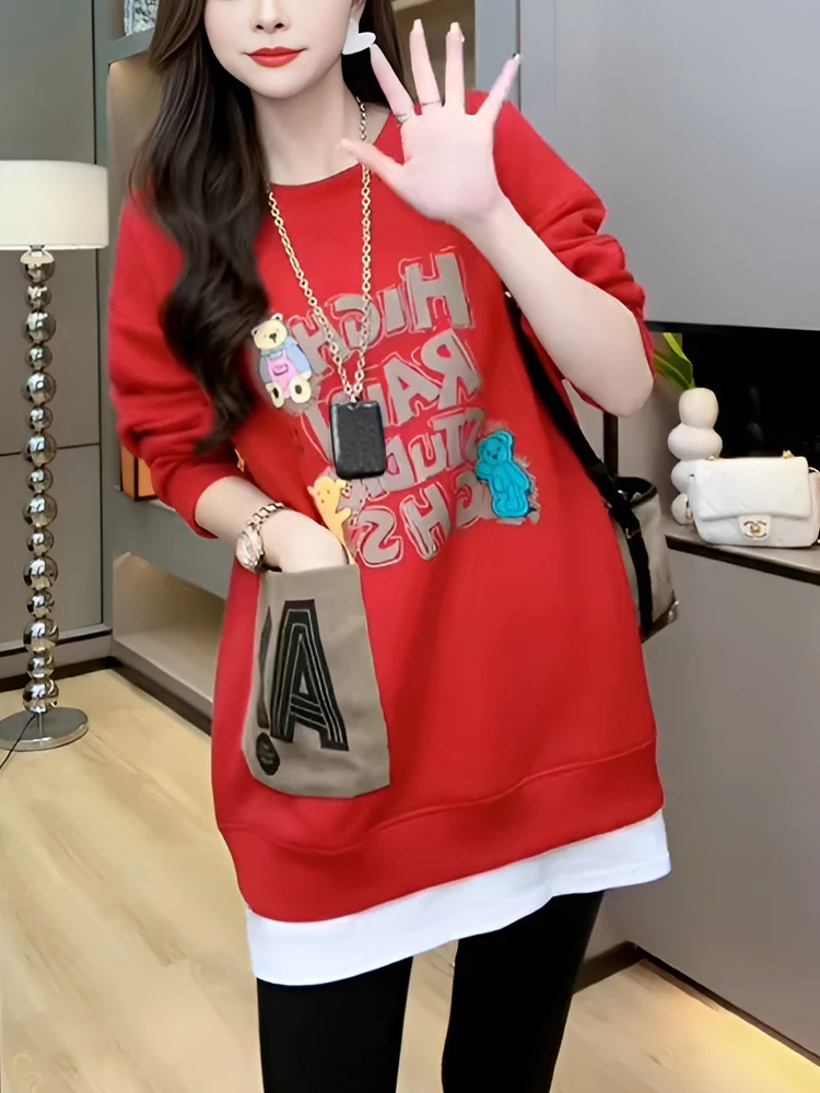 

Модный свободный удлиненный свитер-худи женский средней длины, весна-осень, новинка, с принтом, эффект стройности, имитация двухслойного наряда