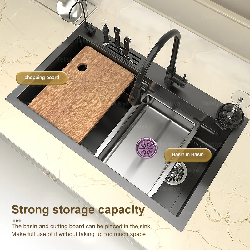 Kitchen Sink Stainless Steel Apartment Large Single Slot With Knife Holder Multifunction Wash Basin For Kitchen