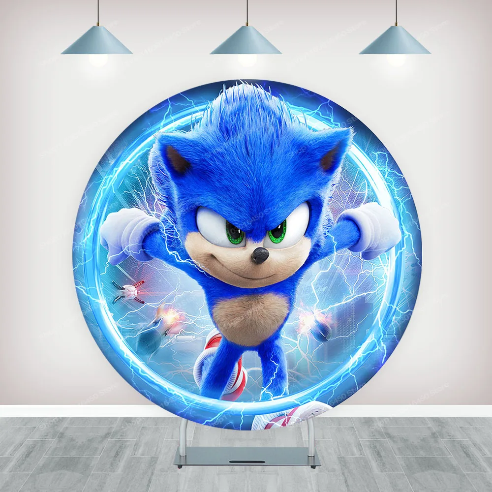 Cartoni animati Sonic Blue Round Background cerchio elastico Baby Shower tema carino festa di compleanno sfondo cilindro decorazione puntelli