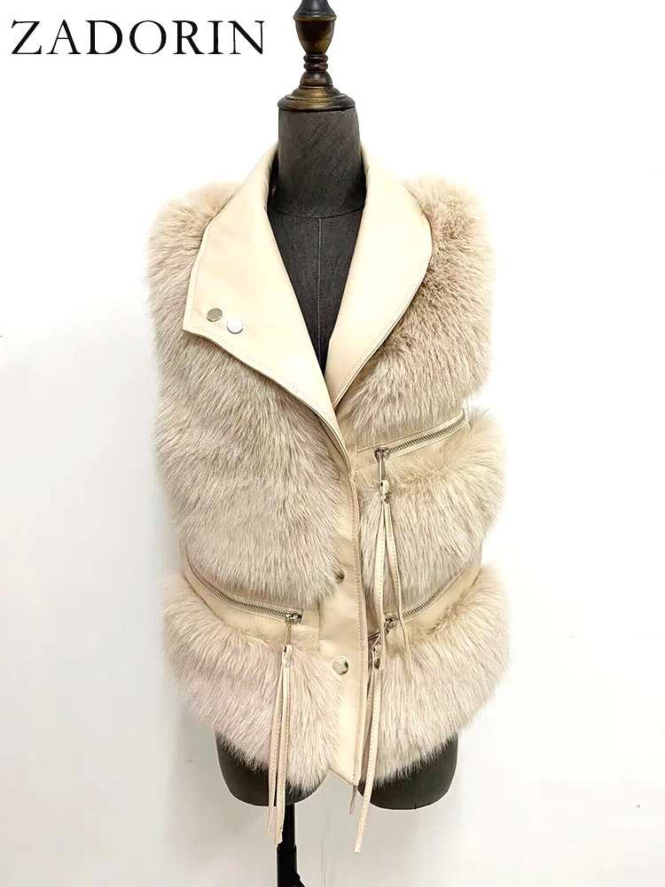 ZADORIN 4XL Autumn Winter Splicing Zippers Faux Fox Fur Vest Women Luxury Leather Collar Short Women Faux Fur Coat Fur Waistcoat