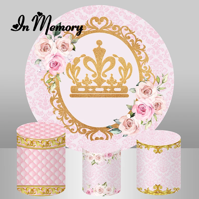 

InMemory Flowers Lady Woman Birthday Party Round Backdrop Cover Romantic Gold Glitter Wedding Background Plinth Covers Elastic