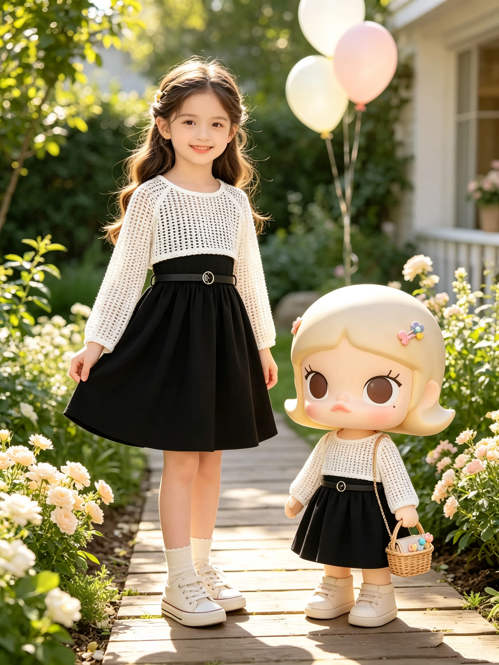 Children's Clothing Set Hollowed out round Neck Long Sleeve Top + round Neck Sleeveless Dress mid Length Skirt for Kids