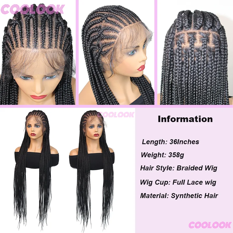 36 "Cornrow Braids ผมวิกผมสังเคราะห์ Braided Wigs สําหรับผู้หญิงสีดํา Knotless กล่อง Braiding วิกผมเต็มลูกไม้ Braided Wigs