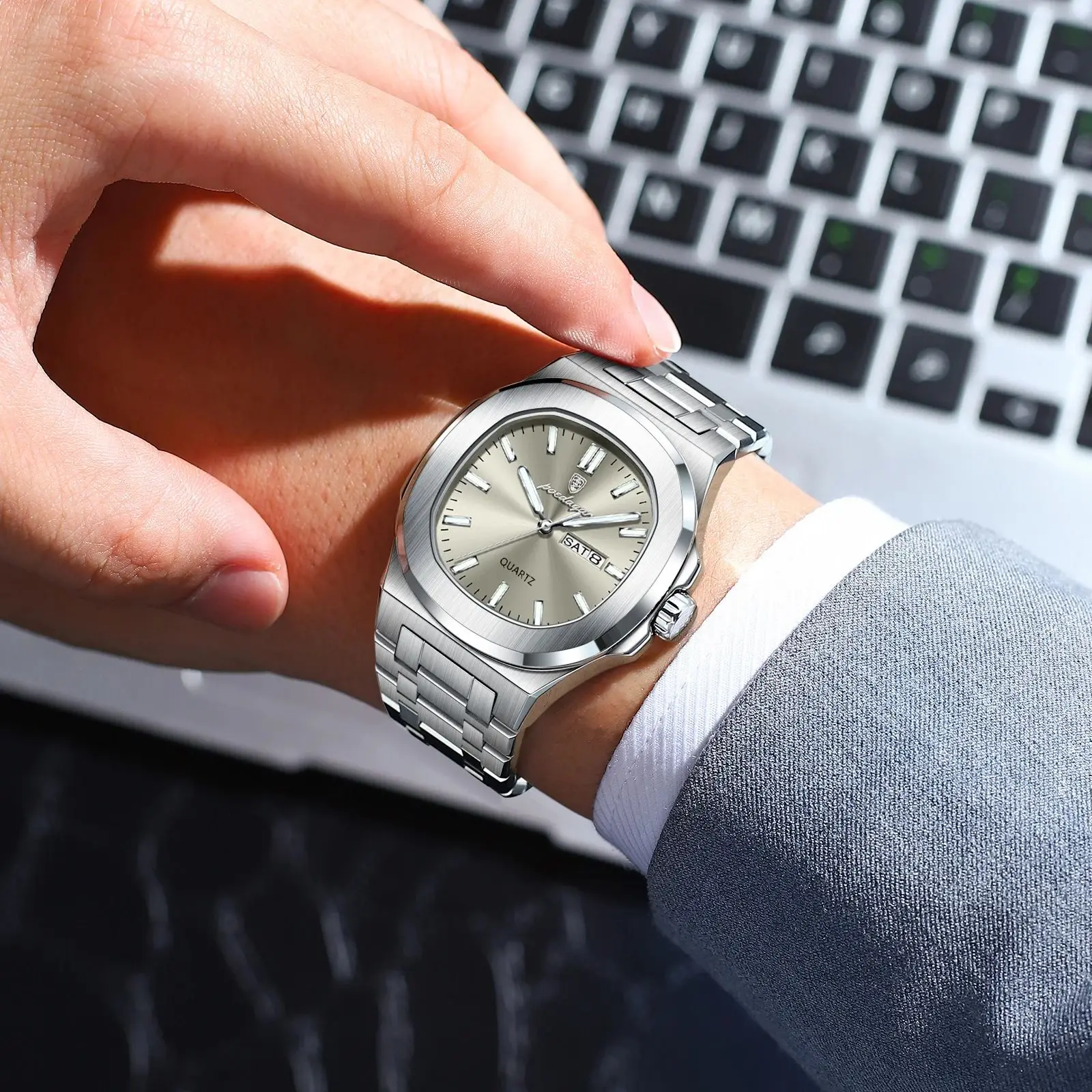 POEDAGAR الأصلي أزياء الرجال ساعة اليد للماء مضيئة تاريخ الأسبوع رجل ووتش الفولاذ المقاوم للصدأ الكوارتز ساعات الأعمال للرجال