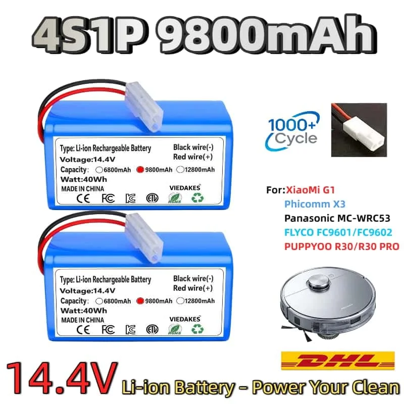

VIEDAKES 14.4V 40Wh 9800mAh Li-ion Battery with Mini Tamiya Connector Replacement for Xiaomi Mi Robot Vacuum G1 MJSTG1