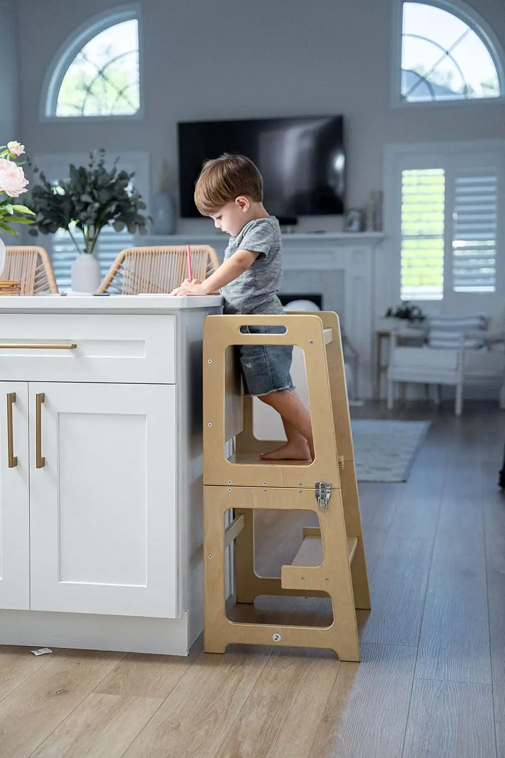 Menara dapur 4-in-1-bangku langkah balita dengan papan tulis, meja meja dan kursi-Waldorf dan Montessori