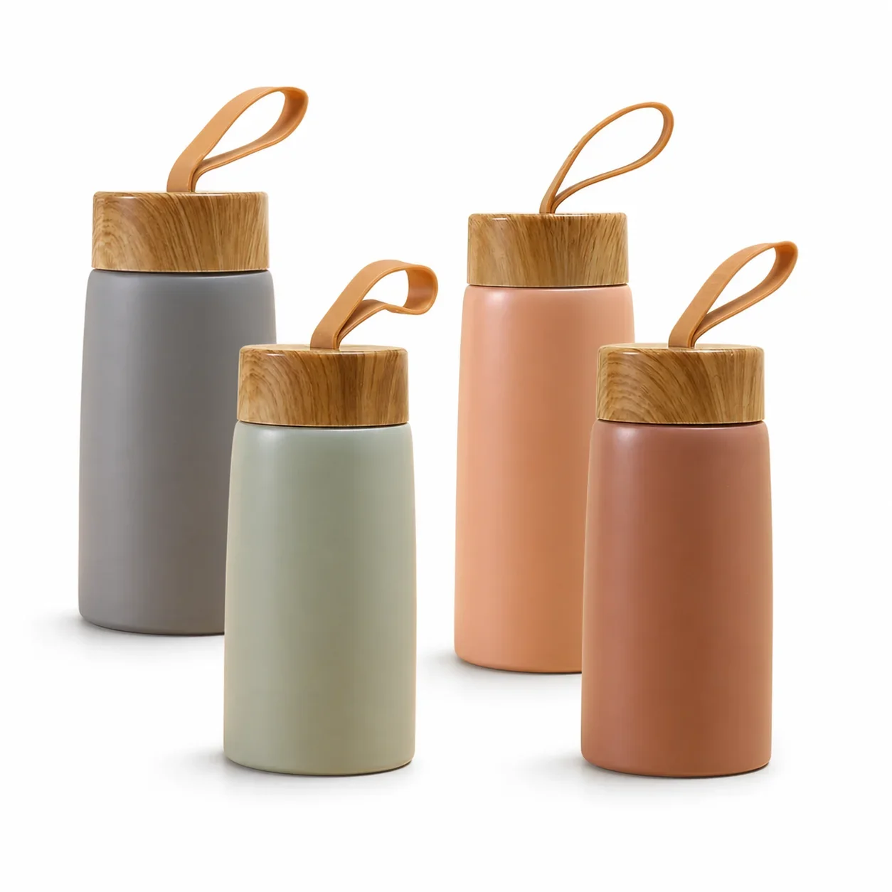 280ml Pocket Thermos 304 Stainless Steel Vacuum Insulated Water Bottle Wood Grain Lid with Carry Rope Portable Small Travel Mug