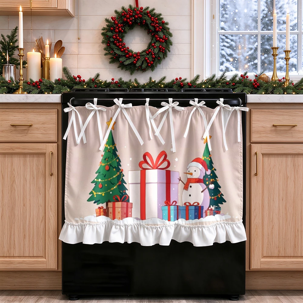 1PC Christmas Tie Up Kitchen Curtain, Cute Snowman, Digital Print, Kitchen Dining Room Cafe Office, Home Decor Window Treatment