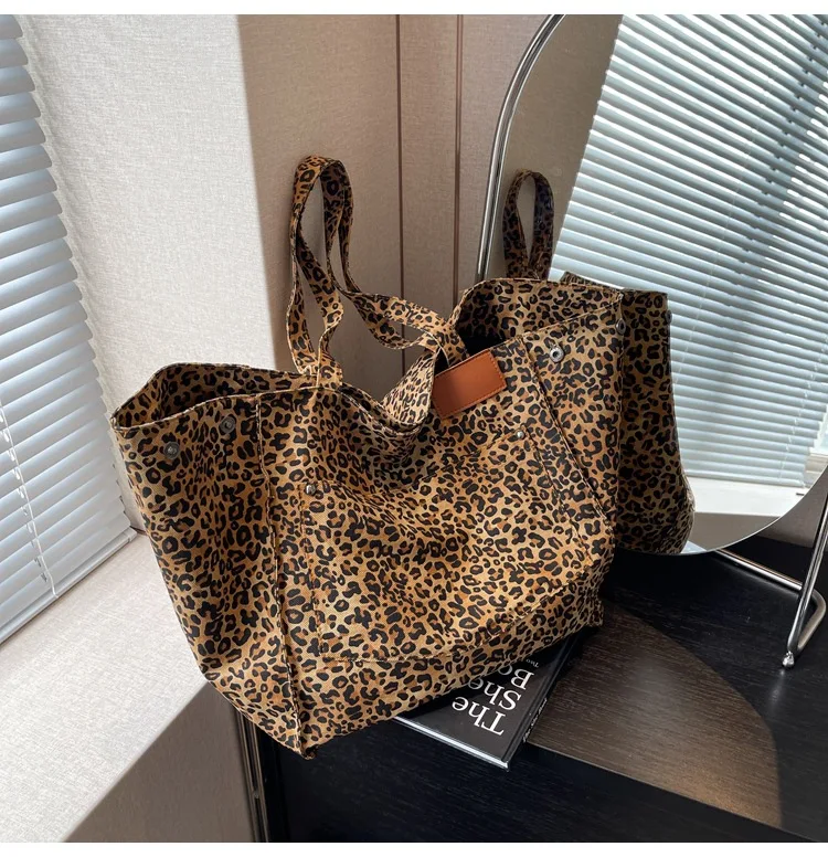 2023 Korean Leopard Shopper Big Shopping Shoulder Bag Large Capacity Canvas Tote Bags For Women Handbag Lady Travel Purse