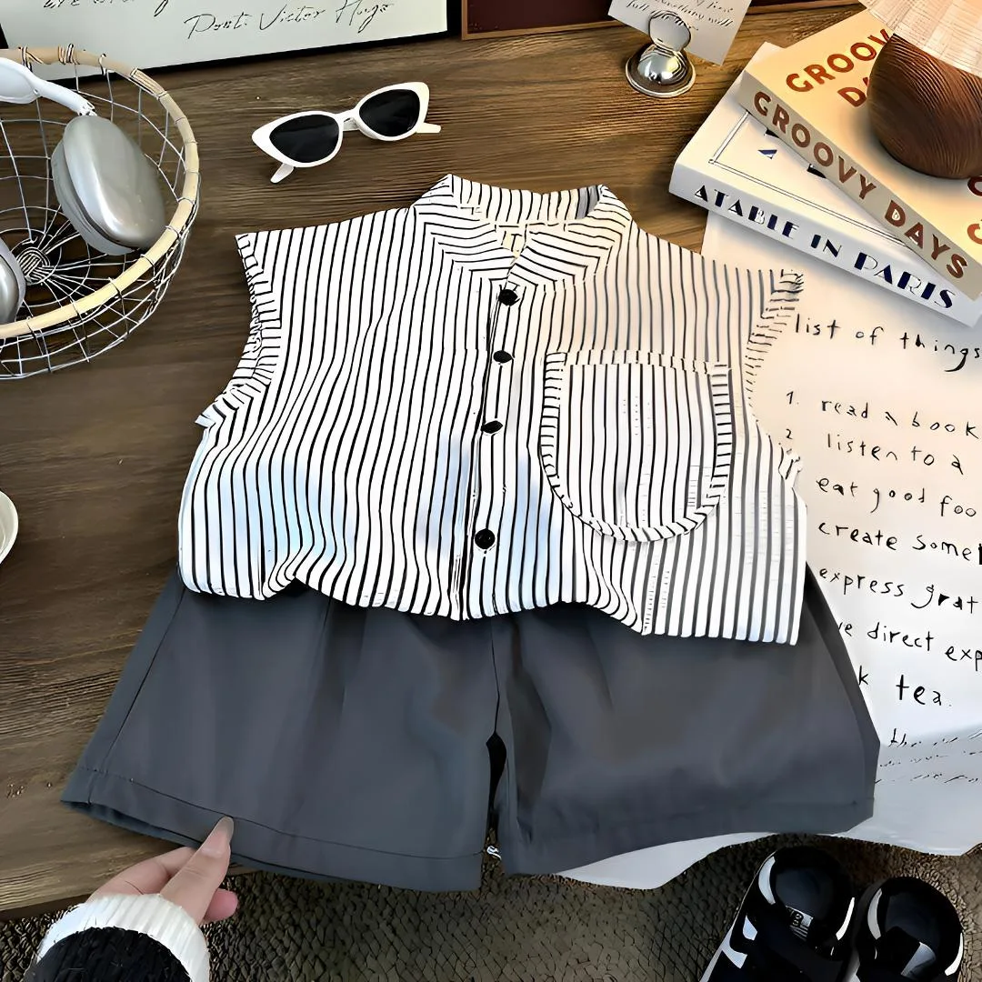 

Children's vest suit summer treasure sleeveless shorts Korean version foreign-style thin section two-piece children's clothing