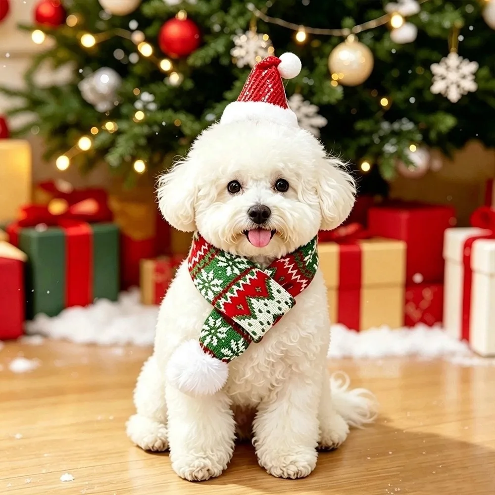 Thick Knit Christmas Dog Scarf Elastic Strap Cozy Yarn Cat Santa Hat Bright Red Soft Texture Pet Winter Warmer Daily Walking