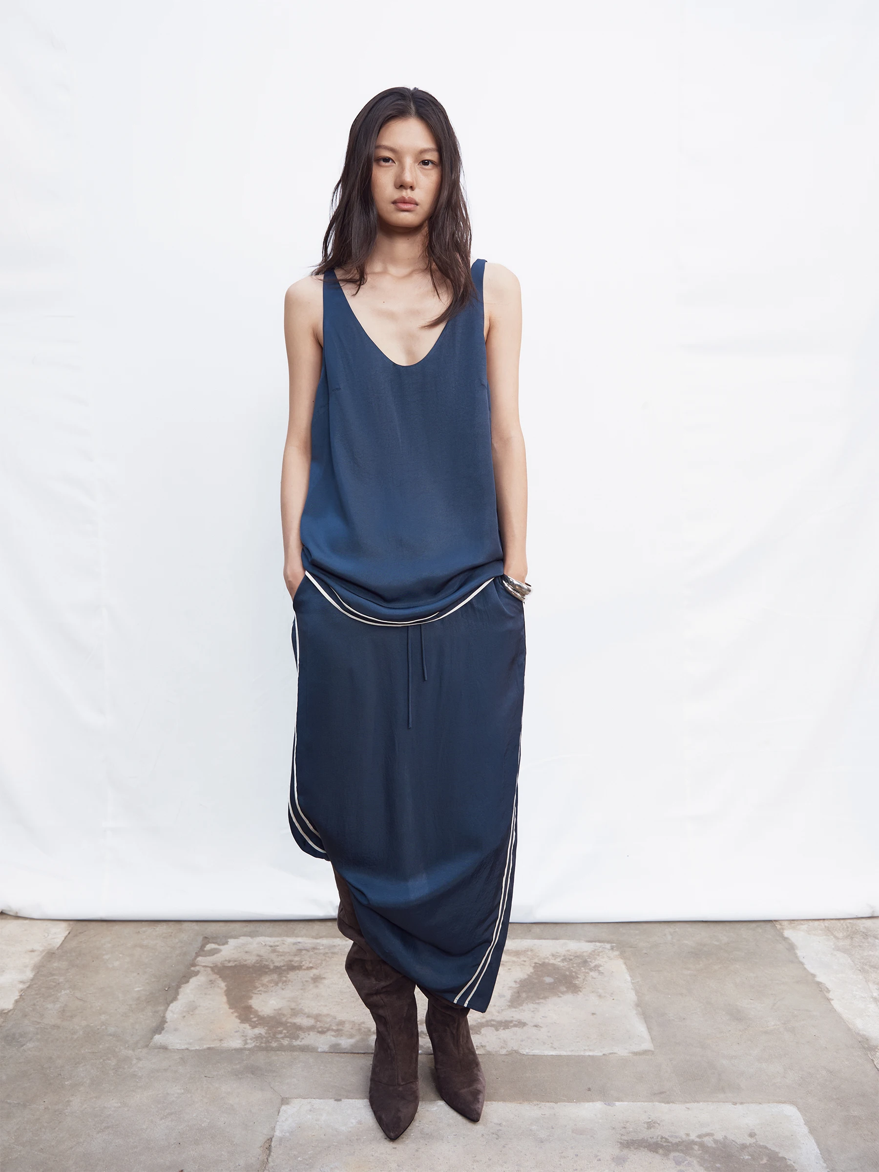 SHKUCO Sensual Acetate Satin Draped Skirt Set Women's Fashion Summer Outfit Two-Piece V-Neck Mid-Length Vest Dress